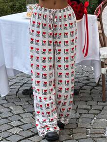 SHEIN EZwear 2026新款红色秋冬女式爱心印花长裤，非常适合情人节、圣诞节、新年和其他节日。 - 彩色 - 查看 4