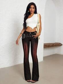 Jeanoix 女士低腰喇叭裤，配有太阳形搭扣和孔眼 - 黑色 - 查看 5