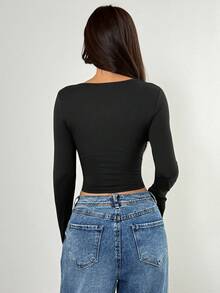 SHEIN PETITE Áo thun nữ cổ tròn tay dài phối ren màu tương phản trơn - màu đen - Xem 3