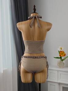 Swim Vcay Summer Women Tankinis 2 Piece Set, Coffee Plaid Print Ruffle Halter Neck Tie Top, Drawstring Side Ruched Bikini Bottom Swimsuit - Multicolor - View 2