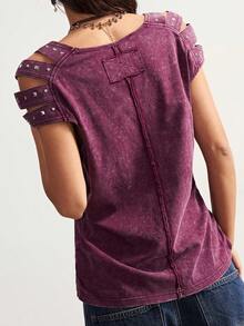 Bohemela Summer BOHO Vacation Casual Y2K Solid Color V-Neck Short Sleeve Washed Women T-Shirt - Red - View 8
