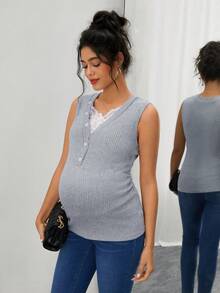 Momance Sleeveless V-Neck Lace Patchwork Ribbed Knit Maternity Tank Top - Grey - View 3