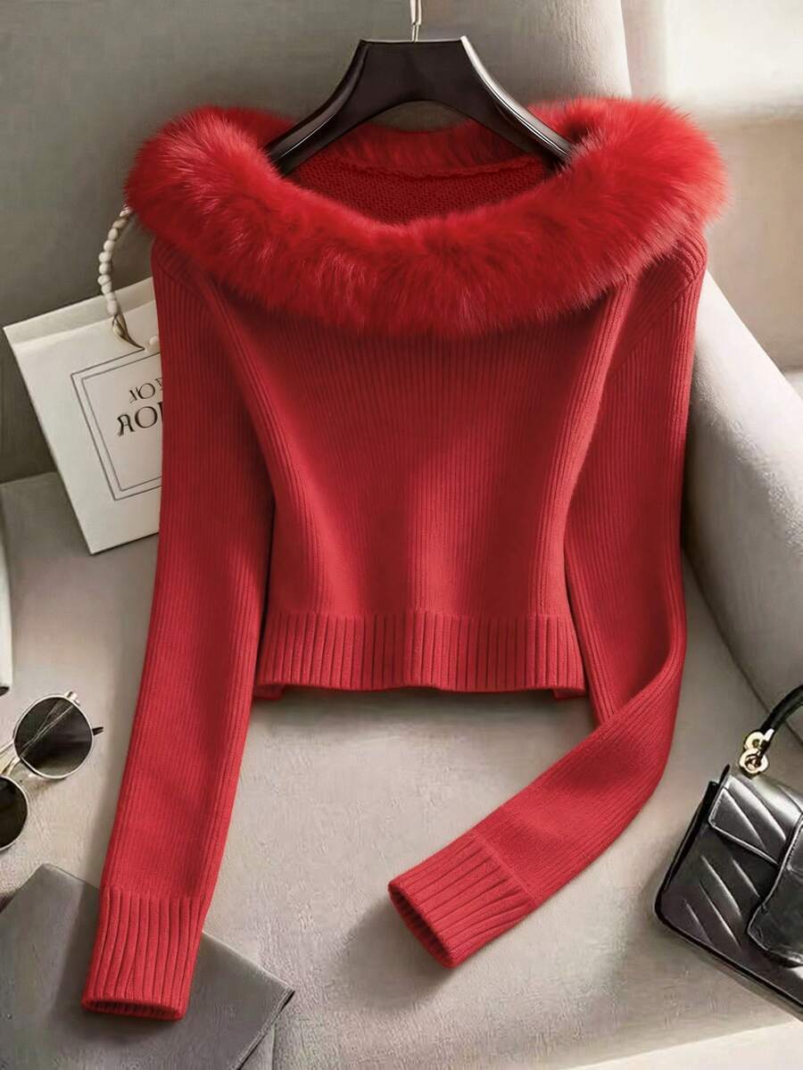 SHEIN Franclia Women's Minimalist Fashion Fur Collar Patchwork Raglan Sleeve Solid Color Knit Pullover Sweater, Autumn/Winter - Red - View 1