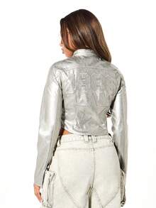SUMWON WOMEN Metallic Panel Cropped Moto Jacket With Star Embellishments And Full Zip Closure For Fall Winter - Grey - View 2