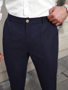 Manfinity Mode 加大码男士休闲口袋纽扣办公通勤西裤男士正装裤男士修身弹力裤男士长裤男士藏蓝色裤子 - 藏蓝色 - 查看 3