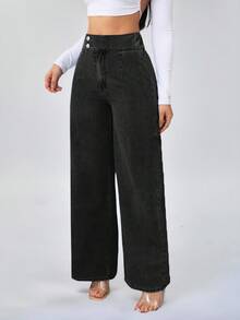 SHEIN Tall 女士高腰休闲宽松阔腿牛仔裤蓝色直筒裤高个女式牛仔裤 - 黑色 - 查看 2