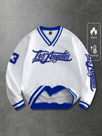 Prep Sweat-shirt à manches longues décontracté et polyvalent pour navetteurs avec imprimé lettres et chiffres col V pour hommes