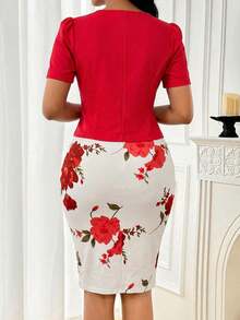 SHEIN Lady 春夏优雅蓝色日常通勤连衣裙，适合女士参加派对、新年、舞会、生日等场合，商务休闲，情人节时尚派对商务女性优雅通勤纯色泡泡袖上衣搭配印花修身无袖连衣裙套装两件套 - 彩色 - 查看 2