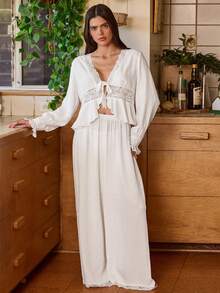 Lullawish 情人节波西米亚风蕾丝边系带灯笼袖阔腿睡衣套装（女款） - 白色 - 查看 3