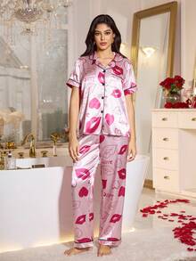 LuxeNights 2件套女士嘴唇和爱心印花翻领短袖睡衣套装 - 粉色 - 查看 5