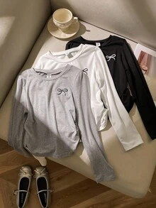 3 件套青春期前女童长袖圆领修身 T 恤，带蝴蝶结装饰，秋季休闲日常上衣 - 黑與白 - 查看 6