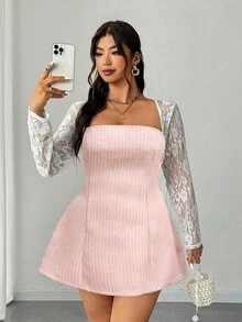 Viva Relle 大尺碼女款腮紅粉長袖洋裝，優雅天鵝領蕾絲拼接，正式秋季婚禮賓客通勤與約會時尚情人節 - 粉色 - 查看 1