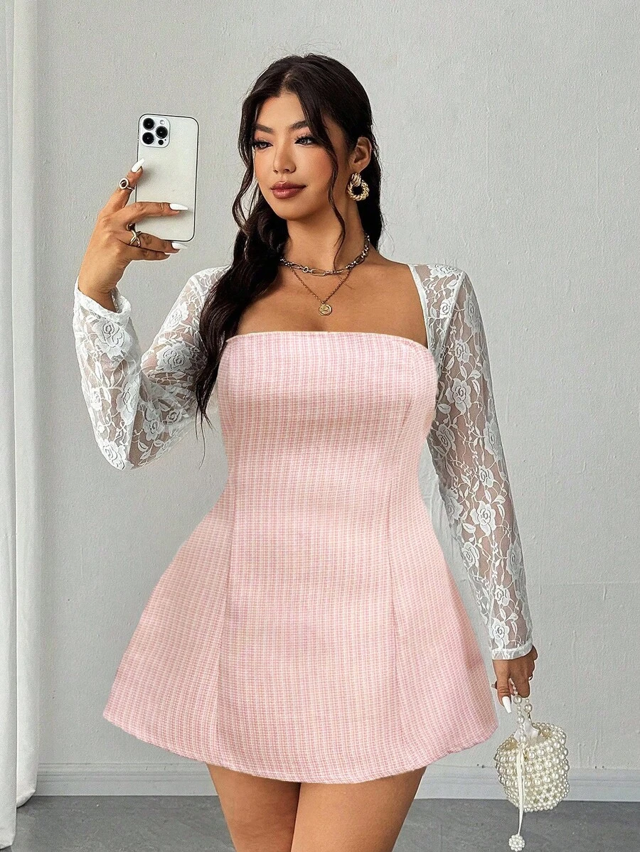Viva Relle 大尺碼女款腮紅粉長袖洋裝,優雅天鵝領蕾絲拼接,正式秋季婚禮賓客通勤與約會時尚情人節 - 粉色 - 查看 1