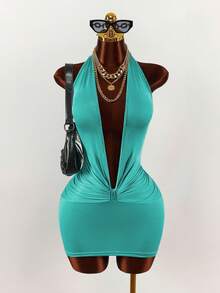 Amplova Váy ngắn ôm sát cổ chữ V xếp nếp dành cho nữ - màu xanh lá - Xem 1