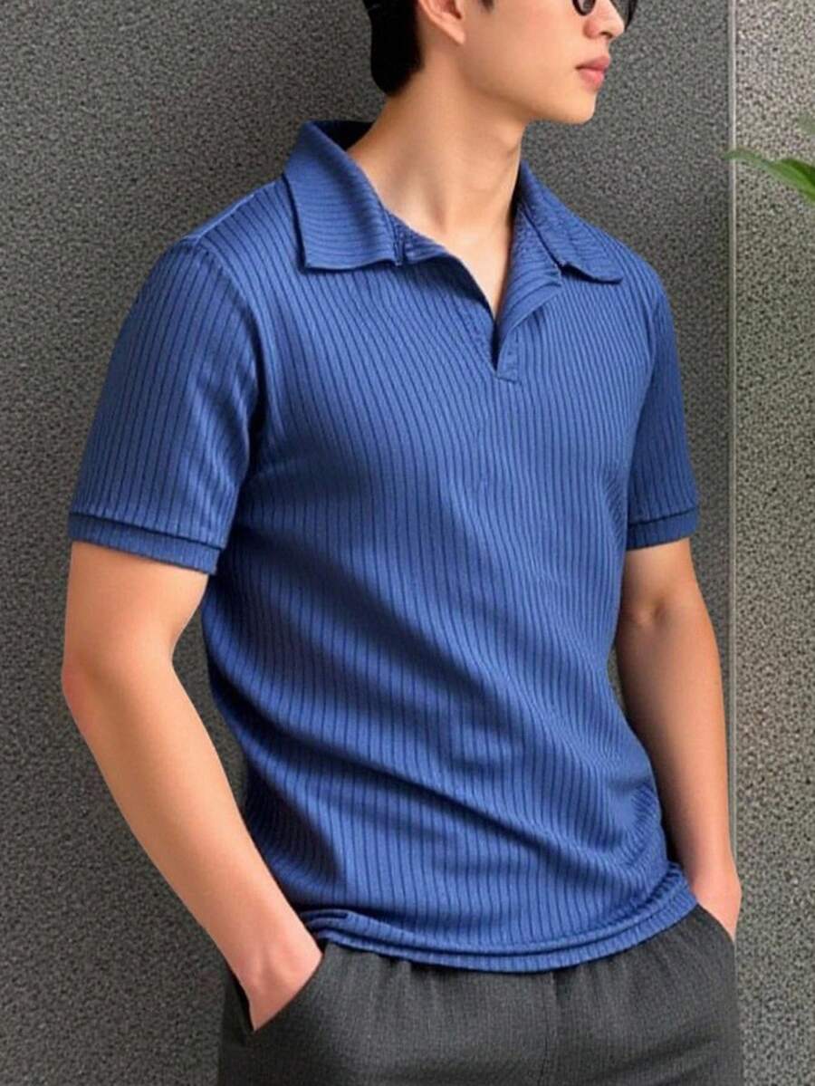 Manfinity Homme 男士纯色短袖休闲通勤 Polo 衫,蓝色短袖 Polo 衫,男士上衣,男士 Polo 衫,蓝色 Polo 衫 - 藍色 - 查看 1