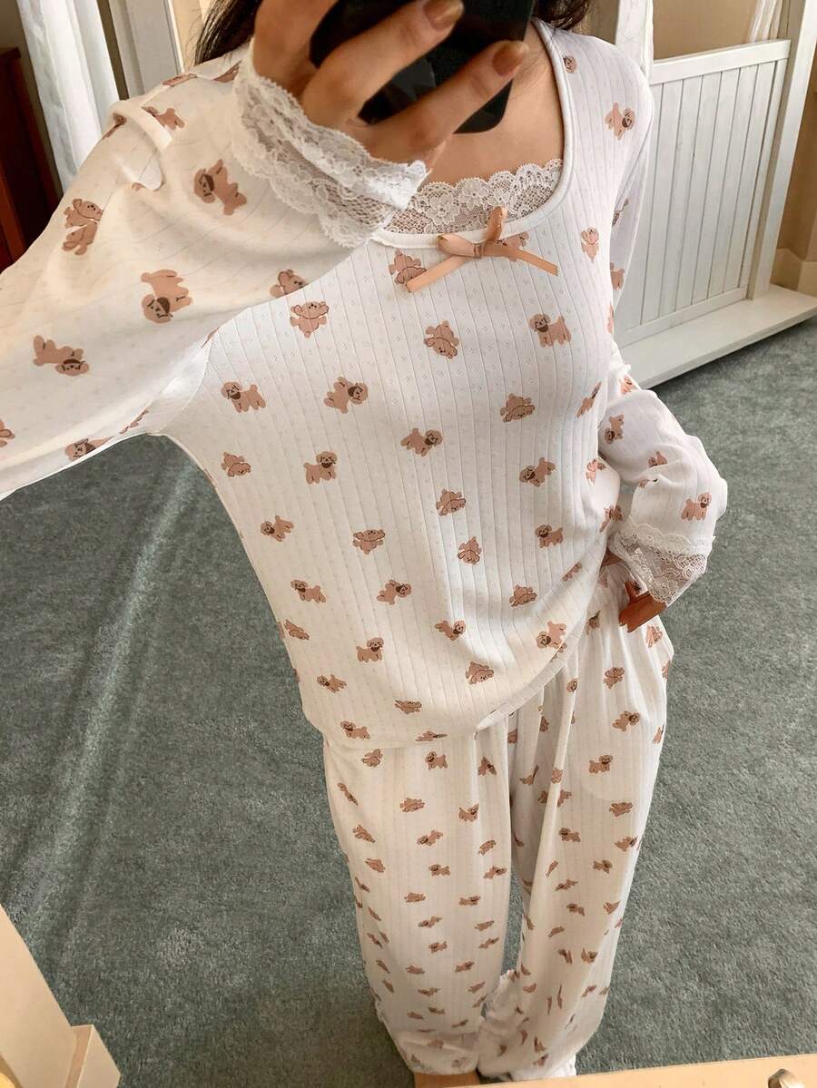 Cute Puppy Print Knitted Women Pajama Set - White - View 1