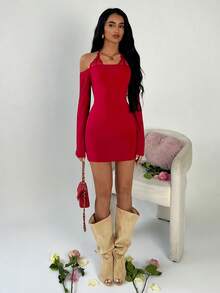 TRNVIE Spring Knitted Ribbed Red Lace Spaghetti Strap Off Shoulder Elegant Backless Stretchy Bodycon Party New Year Valentine's Day Sexy Cocktail Wedding Mini Dress - Burgundy - View 4