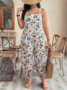 EMERY ROSE Plus Size Women's Adjustable Waist Printed Jumpsuit, Fashionable For Spring/Summer Vacation - Apricot - View 5