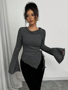 Selianne Áo thun nữ viền bất đối xứng, tay loe, cổ bẻ, thu đông - Xám - Xem 5