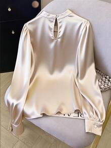 GlowEve CURVE Plus Size Satin High Collar Faux Bow Pleated Long Sleeve Shirt, Elegant For Outings, Commute, Dates, And Gatherings - Apricot - View 2