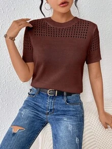 EMERY ROSE 女士圆领纯色短袖针织上衣，适合夏季和新年穿着 - 咖啡棕 - 查看 3