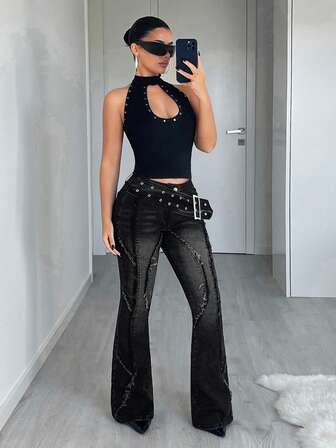 Jeanoix Jeans de pierna acampanada con cintura baja, ajustados y con dobladillo deshilachado para mujer