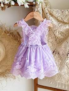 SHEIN Vintaside Kids 提花网纱荷叶边莲花粉色婴儿连衣裙 - 淡紫色 - 查看 2