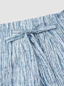 SHEIN MOD Quần ống rộng kiểu vintage dành cho nữ, thắt nơ eo, thoải mái và thanh lịch, thời trang, quần ống rộng nữ, quần nơ, quần đi nghỉ mát, phong cách Boho, xuân/hè, ngày Valentine, quần đi biển cho nữ, kỳ nghỉ hè, quần vải lanh, quần ống rộng, quần mùa hè, quần thường ngày cho nữ - Xanh và trắng - Xem 7