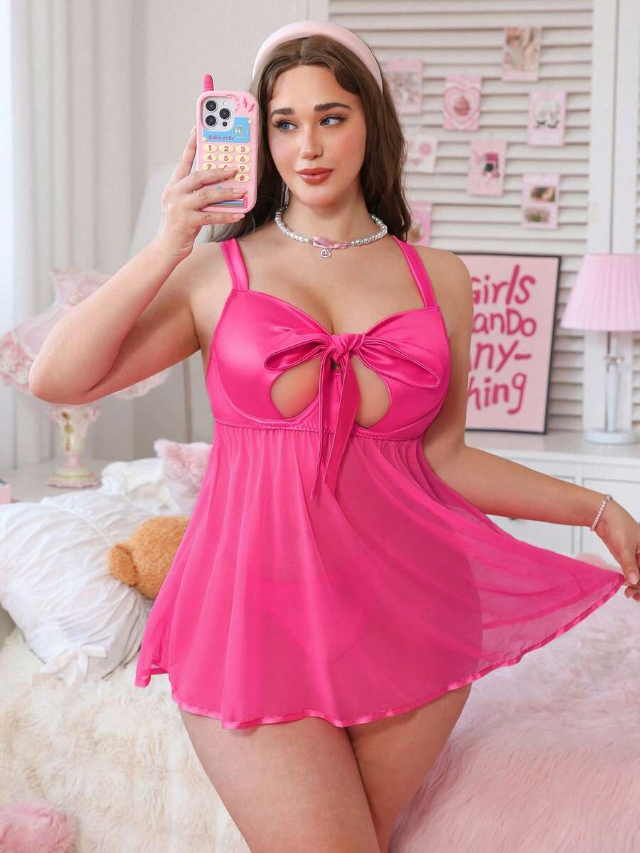 SHEIN 2件套女士性感网纱吊带连衣裙,带蝴蝶结装饰 - 玫紅色 - 查看 1