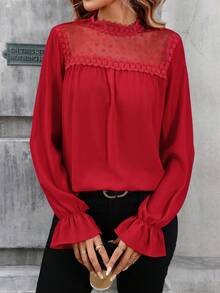 SHEIN LUNE 女士休闲波点蕾丝拼接长袖衬衫，百搭日常穿着，春夏红色上衣，情人节外出必备。 - 紅色 - 查看 3