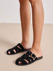 Solezae Women's Vegan Suede Black Buckle Strap Fisherman Slide Sandals – Elegant, Soft & Vacation-Ready. Valentine's Day - Black - View 5