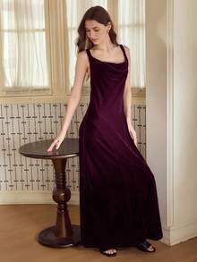 MOTF PREMIUM Váy ngủ cổ cao nhung dài thanh lịch, mùa thu/đông - Màu tím - Xem 5