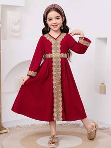 SHEIN 女童V领纯色梭织休闲连衣裙 - 酒紅色 - 查看 2