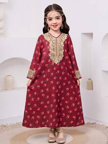 SHEIN 少女碎花宽松圆领休闲连衣裙 - 紅色 - 查看 5