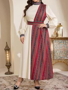 Al Najma Plus Size Women Geometric Print Patchwork Arabic Style Dress - Multicolor - View 5