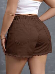 Flexra Plus Size Casual Solid Color Frayed Hem Denim Shorts - Brown - View 2
