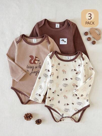 SHEIN 3件套男婴蘑菇刺绣印花卡其色连体衣，复古可爱卡其棕色长袖罗纹圆领，适合春秋季户外穿着