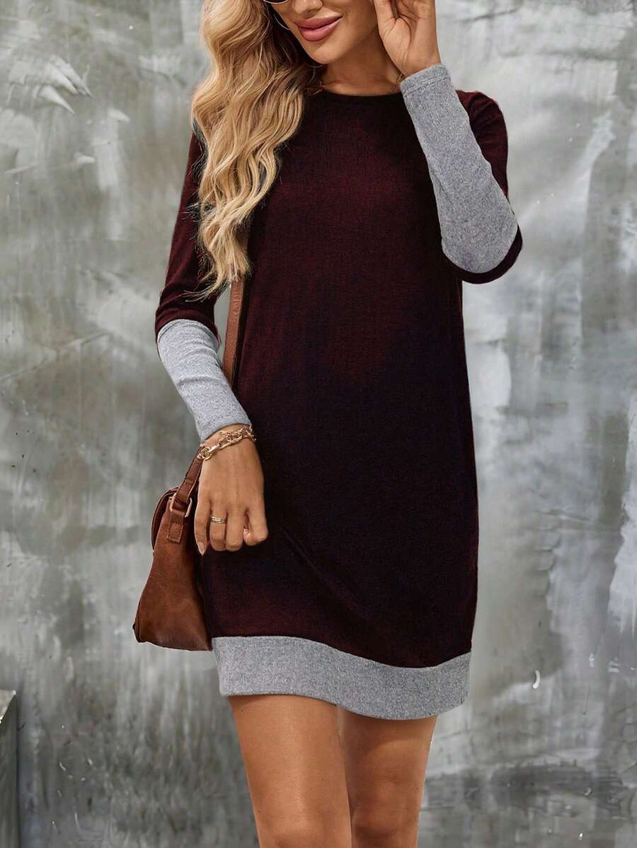 SHEIN Women's Round Neck Color Block Casual Vacation Party Long Sleeve Dress - Multicolor - View 1
