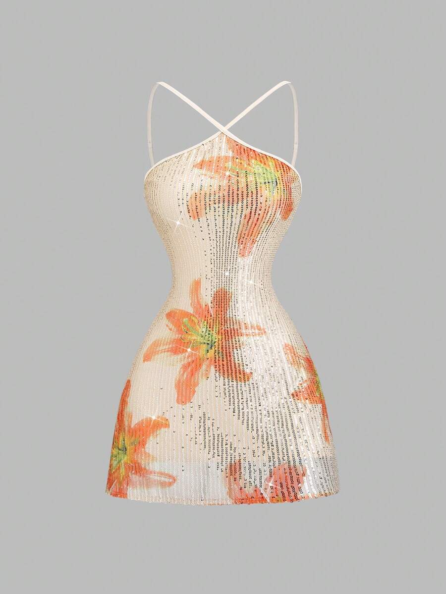 Sweetra 春夏新款女士时尚高街风格子复古性感修身印花串珠优雅派对度假百搭舒适休闲黄色连衣裙 - 杏色 - 查看 1