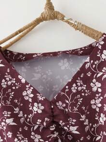 EMERY ROSE Damen Große Größen Blume Muster V-Ausschnitt Puffärmel Rüschensaum Kordelzug Taille Elastisch Vintage Kleid, Frühling/Sommer - Verschiedenfarbig - Übersicht 3