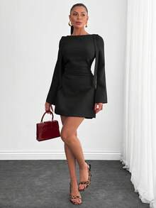 EURMUSE 女士，秋季，短款连衣裙，肩部系带，拉链，喇叭袖 - 黑色 - 查看 3