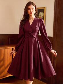 Vintamour 复古优雅女士连衣裙，带口袋和扭结细节，长袖，休闲通勤，适合度假、冬季穿着，也可作为女士冬季连衣裙、圣诞服装、圣诞套装、新年服装、感恩节套装、优雅连衣裙等。 - 酒紅色 - 查看 5