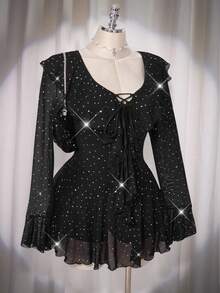 SHEIN ICON 大码女式亮片网纱印花V领荷叶边迷你连衣裙，Y2K风格，适合秋季、约会之夜，性感迷人，女士秋季连衣裙，优雅女式连衣裙 - 黑色 - 查看 6