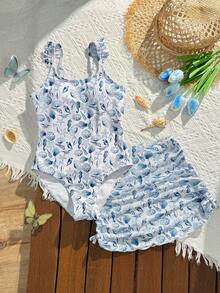 SHEIN 1pc Teen GirlOne-Piece Swimsuit With Ocean Element Pattern, Flounce Strap Design 2-Piece Set With Mesh Skirt, Suitable For Vacation And Summer, Unlocking Summer Fashion Teen Girl Soft PeachGirls Two Piece Set Summer Beachwear For Tweens Two Piece Set Teen Girl Matching Bathing Suits One Piece Bathing Suit Swim Dress Bathing Suits For Girls Blue Wavy Seashell Decor One-Piece Swimsuit And Sarong Skirt Set, Gentle Beach Vibe Seashell Bathing Suit Bathingsuit Modest Bathing Suit Teen Bathing Suit Sea Shells Seashell One Piece Seashell Print One Piece One Piece Bathing Suits For Teens One Piece Swimsuit Bathing Suit Set Girls Hawaiian Short Sets - Multicolor - View 1