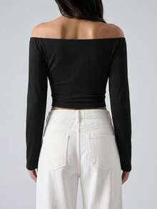 LYSMO 女士露肩纯色长袖短款上衣