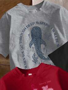 SHEIN EZwear 4件套休闲简约鲨鱼、蝴蝶结、花卉、樱桃印花圆领宽松短袖T恤，女款，适合夏季穿着 - 彩色 - 查看 6