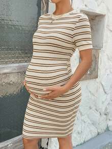 SHEIN Maternity Crew Neck Short Sleeve Striped Slim Fit Casual Dress Striped Maternity Dress Beige Maternity Dress Maternity Dress Casual Bump Friendly Dress Maternity Ribbed Dress