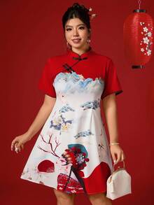 Elenzga Plus Size Women Floral Print Button Design Short Sleeve Chinese Style New Year Party Dress Oriental Dress Cheongsam Dress Chinese Dress Chinese Dress Women Qipao Dress Button Qipao Style Dress ตรุษจีน ชุดตรุษจีน Chinese Newyear Outfit - Multicolor - View 1