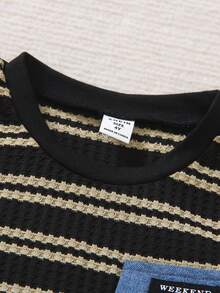 SHEIN 2pcs Set Young Boy Striped Print Round Neck T-Shirt Paired With Washed Denim Jeans. The T-Shirt Features Round Neck Design With Denim Pocket Details That Coordinates With The Washed Denim Jeans, Creating A Stylish Look. The Simple And Fashionable Design Showcases The Boy's Personal Charm, Suitable For Daily Casual And School Wear, Suitable For Different Seasons.