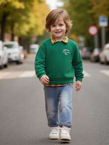 SHEIN 2 件套年轻男孩时尚套装：橄榄绿色针织圆领长袖运动衫和仿口袋牛仔长裤休闲装，适合日常穿着、上学、旅行、度假、休闲、夏季 - 墨綠色 - 查看 3